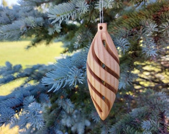 Turned wood ornament with spiral cuts, Christmas Tree hanging decor and natural wooden Xmas tree ball and winter accent by AstikBlooms