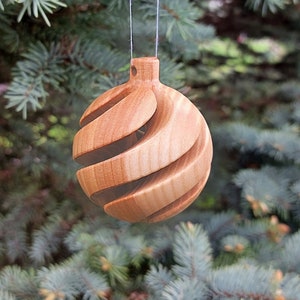 Turned wood Christmas tree hanging ball ornament, carved rustic decor and Xmas decoration, personalized Christmas gift and present