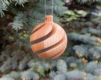 Turned wood Christmas tree hanging ball ornament, carved rustic decor and Xmas decoration, personalized Christmas gift and present