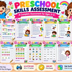 Puede incluir: Un conjunto de 18 páginas imprimibles de evaluación de habilidades preescolares con ilustraciones coloridas de niños, iconos educativos y texto. Los documentos incluyen secciones de lenguaje, matemáticas y motricidad, en formato de 21,59 x 27,94 cm.