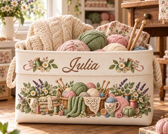Sewing Room Basket with Name, Personalized Craft Storage Bin, Embroidery and Yarn Organizer, Quilter Gift, Knitting Present for Crafter