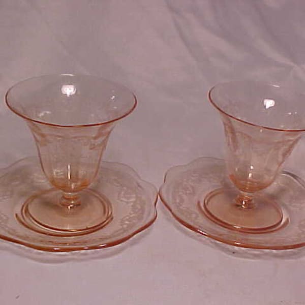 c1920-30s set of two sherbets with saucers, and three extra saucers, Pink Depression Glass, could be Cambridge Glass Co. Christmas Gift Idea