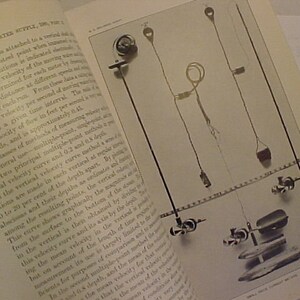May include: A black and white image of a scientific illustration showing a method for measuring the velocity of water flow. The illustration shows a series of cups attached to a rotating wheel, with a pointer indicating the number of revolutions. The text in the image describes the process of measuring water velocity.