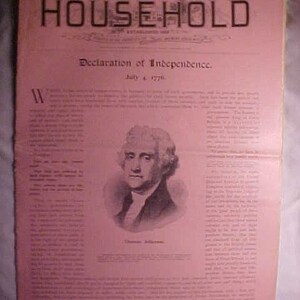 May include: A pink and white page from a vintage issue of "The Household" magazine, dated July 4, 1776. The page features a portrait of Thomas Jefferson and the text "Declaration of Independence."