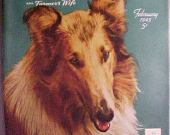 February 1945 Farm Journal & Farmer's Wife Magazine Collie Dog Cover art By Gene Erbit has 110 pages of ads and articles, Vintage Farm Decor