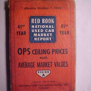 May include: Red Book National Used Car Market Report, 41st year, effective October 1, 1952.  The book cover is red with white and blue text.  It includes OPS Ceiling Prices and Average Market Values for Region A.