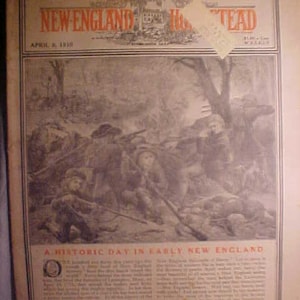 May include: A black and white illustration of a historical event in early New England. The image depicts a group of people in a wooded area, with a caption that reads "A Historic Day in Early New England".