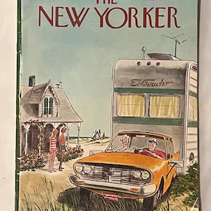 May include: The New Yorker magazine cover from June 9, 1973, featuring an illustration of a vintage orange car with two people inside, parked next to a camper. A house and two people are in the background. The magazine title is in red.