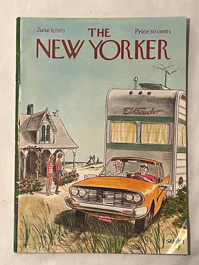 May include: The New Yorker magazine cover from June 9, 1973, featuring an illustration of a vintage orange car with two people inside, parked next to a camper. A house and two people are in the background. The magazine title is in red.