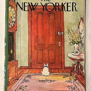 May include: The New Yorker magazine cover from Feb. 4, 1974, features an illustration of a dog facing a red door. A grandfather clock and a small table with flowers are also visible. The cover has the text "THE NEW YORKER" at the top.
