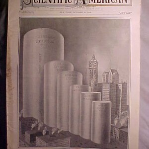 May include: A black and white illustration of a magazine cover from Scientific American, dated October 19, 1907. The cover features a graphic of several tall cylindrical structures, representing the world's largest grain elevators.
