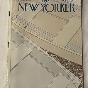 May include: The New Yorker magazine cover from June 14, 1976, featuring an abstract illustration in beige, gray, and brown tones. The magazine title is in blue, with the price of 75 cents displayed. The cover art is signed by artist, Carter.