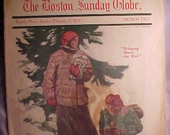February 11, 1912 The Monthly Magazine Section The Boston Sunday Globe with Snowshoe cover art by Charles Sarka, Section Two has 22 pages