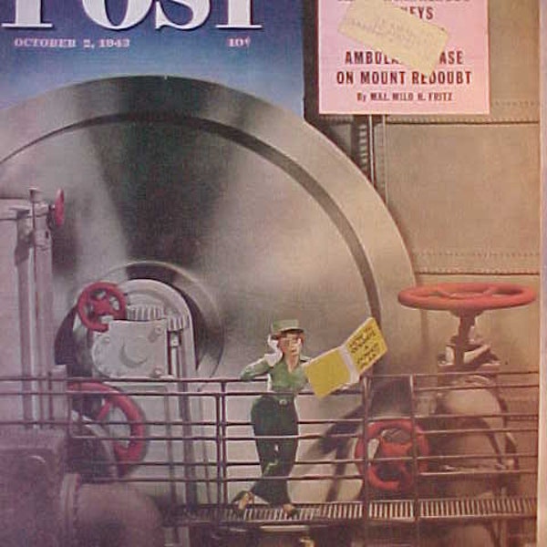 October 2, 1943 Saturday Evening Post Magazine Cover by Russell Patterson has 112 pages of ads and articles, WWII Illustrated Magazine No.2