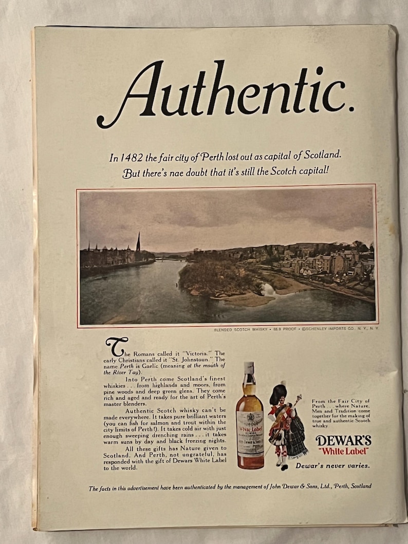 May include: Vintage advertisement for Dewar's White Label Scotch whisky. The ad features a scenic view of Perth, Scotland, and a bottle of whisky with a label. Text includes "Authentic" and "Dewar's White Label."