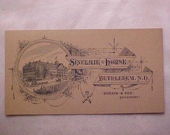 c1880s Sinclair House Durgin & Fox Proprietors Bethlehem, N.H., New Hampshire History advertising card, Grand Hotel Motel Inn History