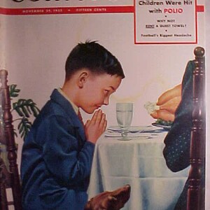 May include: A vintage Collier's magazine cover from November 23, 1952, featuring a young boy in a blue suit praying at a table with a glass of water. The magazine cover text reads "When 11 of 14 Children Were Hit with Polio".
