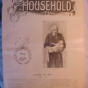 May include: The cover of The Household magazine, a New England edition from May 1895. The cover features a black and white illustration of a man holding a baby. The text "The Household" is in large, bold letters at the top of the page.