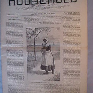 May include: A black and white illustration of a woman in a long dress and apron holding a basket of flowers. The illustration is from a vintage magazine called "The Household" published in March 1892.