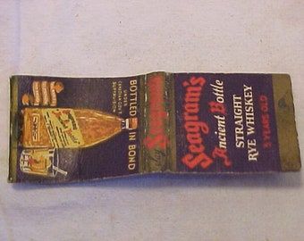 c1930-40s Seagram's Ancient Bottle Rye Seagram Distillery Corp. N.Y.C., Matchbook Cover, Distillery Distiller, Man Cave Decor, FREE SHIPPING