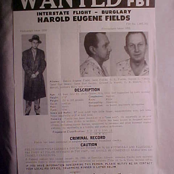 May 19, 1960 Wanted by FBI Poster Mailer of Harold Eugene Fields Burglary Charge FBI No. 1,905,182 Federal Bureau of Investigation Paper