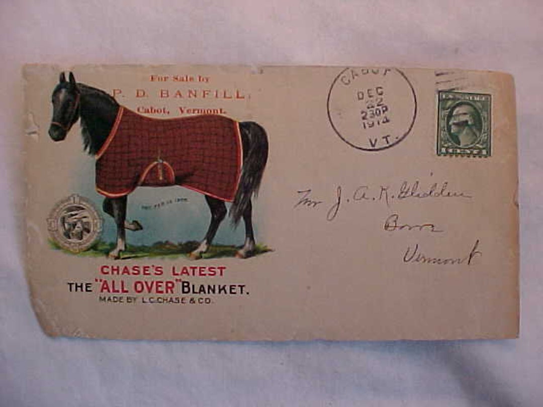 1914 Chase's Horse Blanket P. D. Banfill Cabot, Vermont, Postage