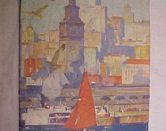 May include: A vintage postcard showing a colourful cityscape of San Francisco, California. The postcard features a sailboat in the foreground and the famous Coit Tower in the background.