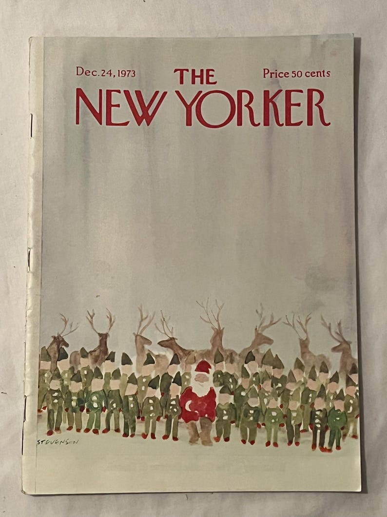 May include: The New Yorker magazine cover from December 24, 1973, features a Christmas-themed illustration. Santa Claus stands in front of a group of elves and reindeer. The magazine title is in red.