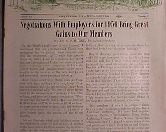 July August 1956 The pulp, sulphite and paper mill workers Journal Fort Edward, N.Y., Paper Mill Union Magazine, Birthday Gift Idea