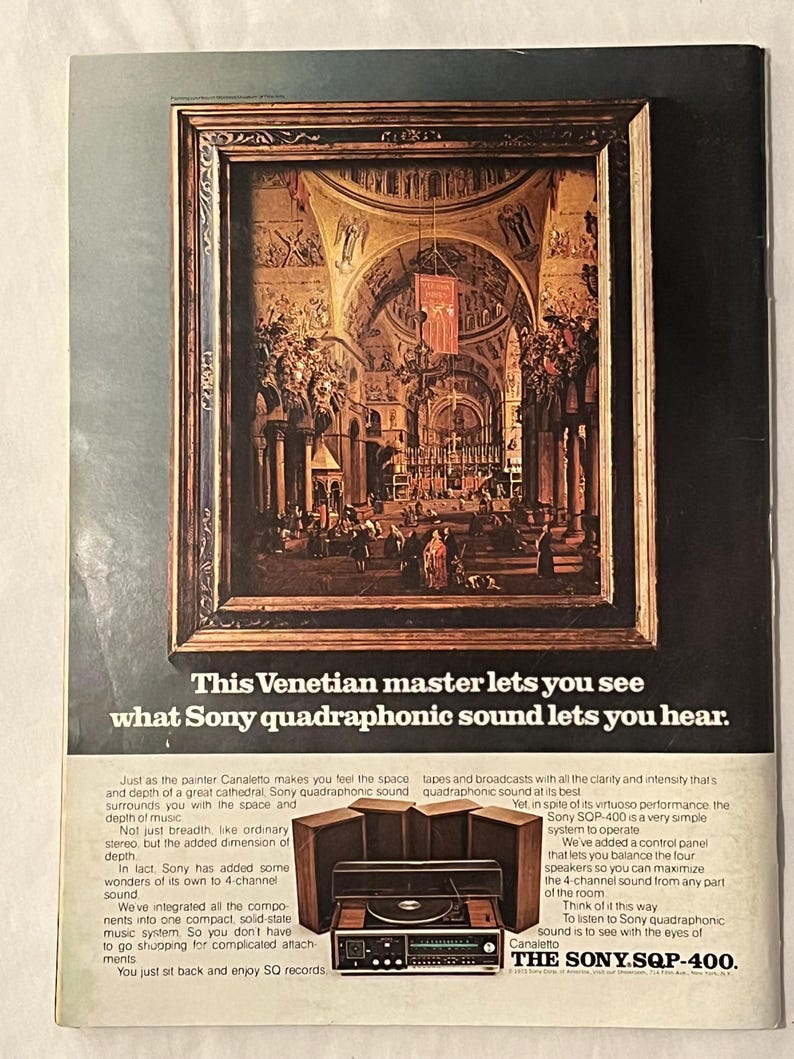 May include: An advertisement featuring a framed painting of a cathedral, with a Sony SQP-400 quadraphonic sound system below. Text reads "This Venetian master lets you see what Sony quadraphonic sound lets you hear."