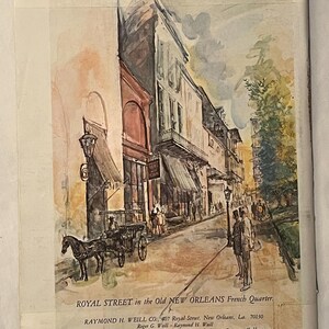 May include: Watercolor painting of Royal Street in the French Quarter of New Orleans. The artwork depicts a horse-drawn carriage on a cobblestone street, with buildings and figures. The text reads "ROYAL STREET in the Old NEW ORLEANS French Quarter."
