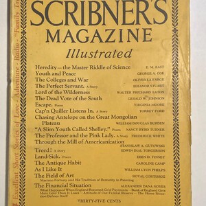 May include: A vintage July 1925 issue of Scribner's Magazine. The cover is a light yellow with black text and decorative borders. The magazine features articles and stories, including "The Perfect Servant" and "The Financial Situation."