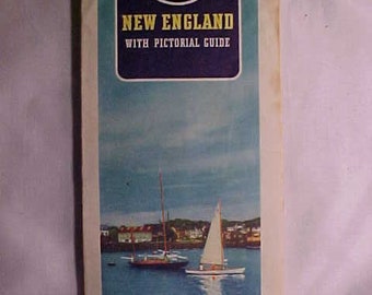 c1950 ESSO Standard Oil Company Gas Station Folded Road Map New England with Pictorial Guide, Vintage Gas Station Decor, Man Cave Decor