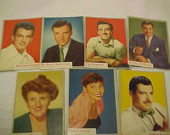 Group of 7 1953 Who-Z-At Star Topps Celebrity Trade Cards, Famous Movie Star Actors Memorabilia Trade Cards, Topps Collector Cards.NON SPORT