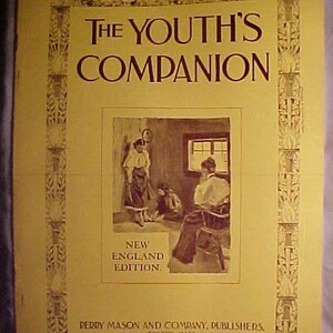 May include: A vintage magazine cover for The Youth's Companion, a publication from December 23, 1912. The cover features a yellow background with a brown border and the magazine's title in bold, brown lettering. The cover also includes a black and white illustration of a family gathered in a room, with a woman sitting in a chair and a child standing nearby.