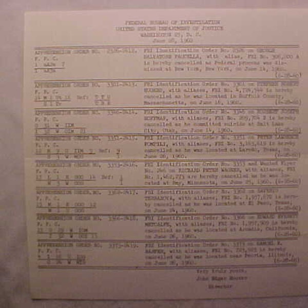 June 28, 1960 Wanted by FBI Poster Mailer Apprehension List Faucella, Hughes, Hoffman, Pompili, Wagner, Terranova, Metcalfe & Harper