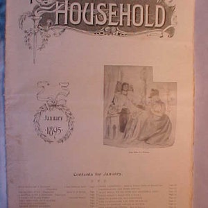 May include: A black and white cover of The Household magazine from January 1895. The cover features a title in a decorative font and a black and white illustration of two people sitting at a table.