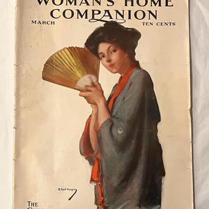 May include: Vintage "Woman's Home Companion" magazine cover. The cover features a woman holding a fan, with text that reads "Spring Fashion Number" and "March". The magazine is published by The Crowell Publishing Company.