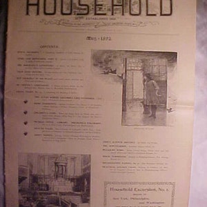 May include: A black and white image of a vintage magazine cover for "The Household" magazine, dated May 1892. The cover features a black and white illustration of a building with a large window and a person standing in the doorway. The text "Household Excursion, No. 1" is printed in a box at the bottom of the page, with the text "Fare $1.30" printed below it.