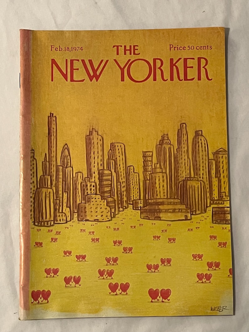 Op de afbeelding: Een vintage exemplaar van het tijdschrift The New Yorker van 18 februari 1974, met een gele omslag. De cover art toont een stadsgezicht met cartoonhartjes. De titel en datum van het tijdschrift staan in rode tekst.