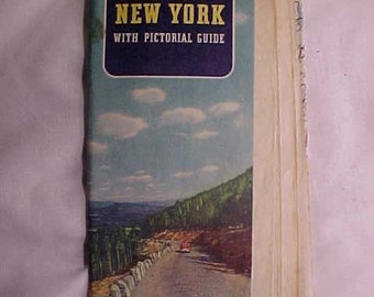 c1950 ESSO Standard Oil Company Gas Station Folded Road Map New York with Pictorial Guide, Vintage Gas Station Decor, Man Cave Decor