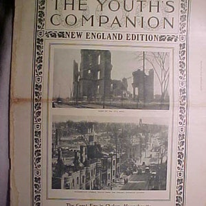 May include: A black and white photograph from The Youth's Companion, a New England Edition, showing the aftermath of a fire in Chelsea, Massachusetts. The top image shows a building with a collapsed roof, while the bottom image shows a street lined with damaged buildings.