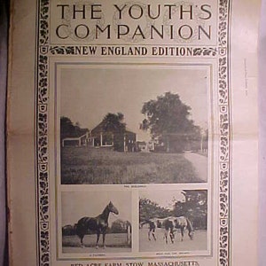 May include: A black and white photo of a farm with the text "Red Acre Farm, Stow, Massachusetts, A Home for Aged Horses". The photo shows a large house with a barn and a field with horses.