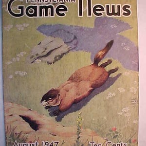 August 1947 Pennsylvania Game News Magazine with Cover Art by Jacob Bates Abbott, Vintage Hunting Magazine with 40 pages of ads & articles