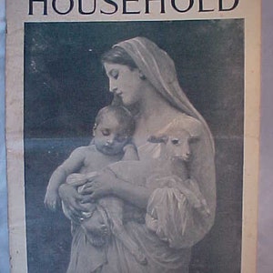 May include: A vintage magazine cover titled "THE HOUSEHOLD" with a black and white illustration of a woman holding a child and a lamb. The text "CHRISTMAS, 1896" is printed at the bottom.