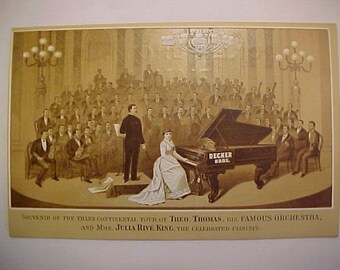 c1880-90 Decker Bros. Pianos New York sold by Estey Organ Co. Rutland, VT. with Theo Thomas Orchestra and Julia Rive King, Trade Card