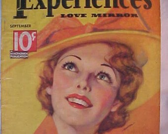 September 1936 True Experiences Love Mirror Celebrity Magazine with cover art by Georgia Warren has 94 pages of ads and articles