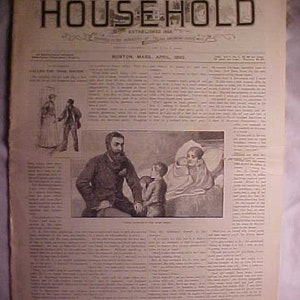 May include: A black and white illustration of a man, woman, and child in a room. The man is wearing a suit and tie, the woman is wearing a dress, and the child is wearing a dress. The text "THE HOUSEHOLD" is printed at the top of the page.
