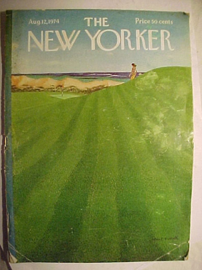 May include: The New Yorker magazine cover from August 12, 1974, featuring a green grassy landscape with a woman in a yellow dress standing on a hill overlooking the ocean. The price is 50 cents.