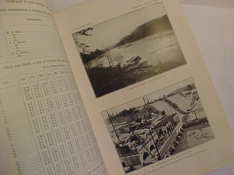 May include: A black and white photo of a dam and a river. The photo is from a book about surface water supply. The text in the photo reads "A Concrete Dam near Carthage, N.Y."